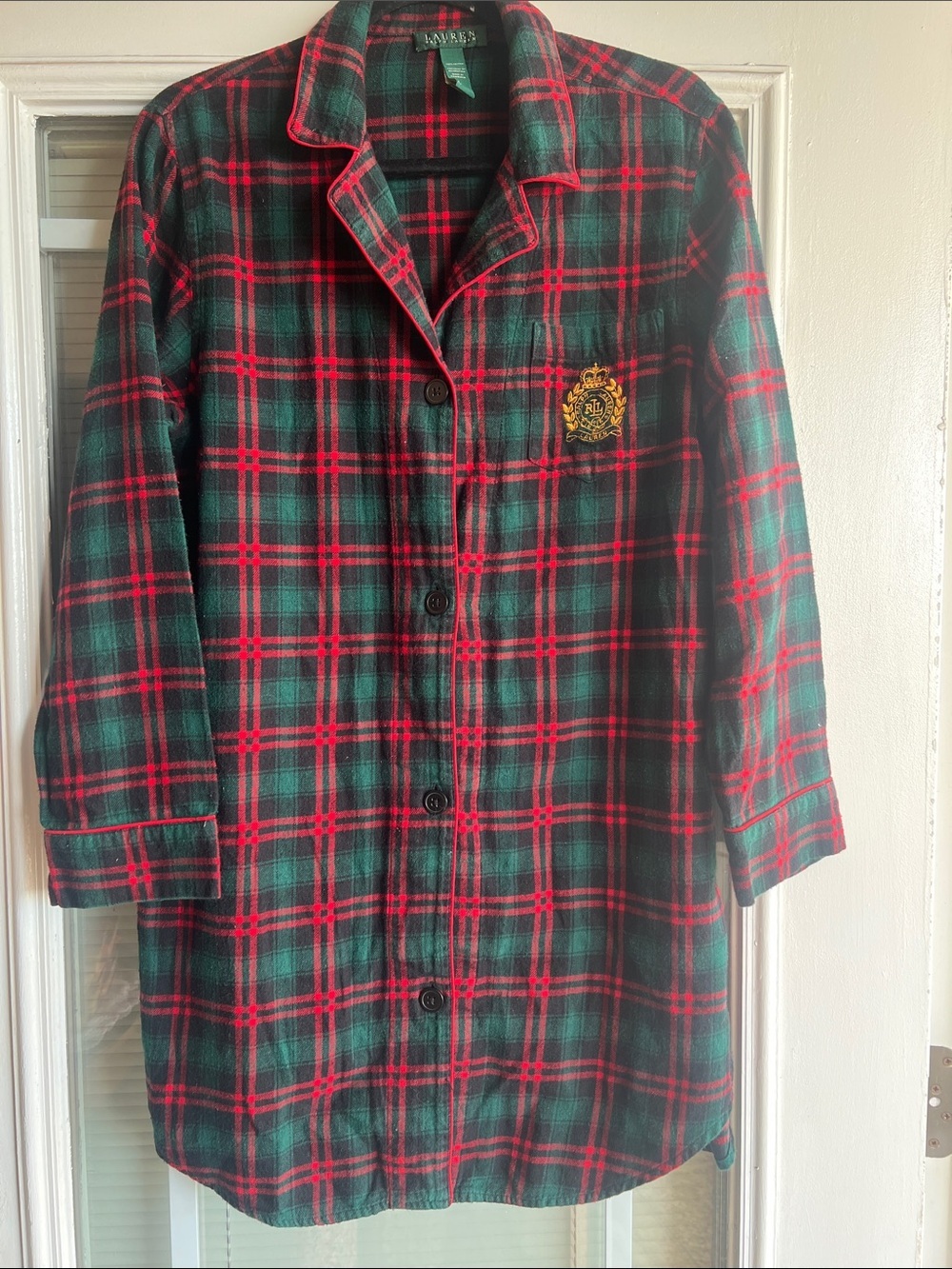 Ralph Lauren Red & Green Plaid Button-Front Nightshirt with Crest